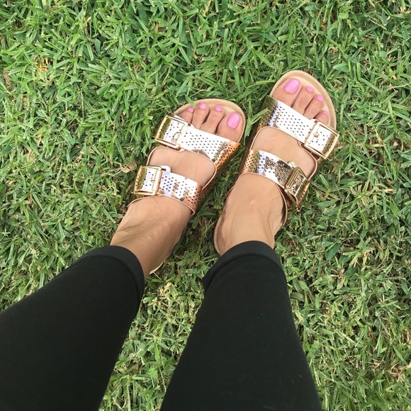 Shoes - RoseGold Double Buckle Footbed Slides Sandals✨